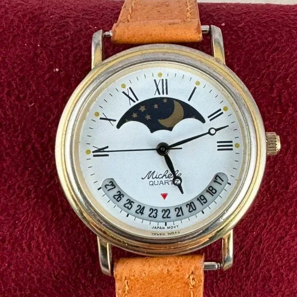 Vintage Accessories Michele Quartz Moon Phase Watch Gold Face